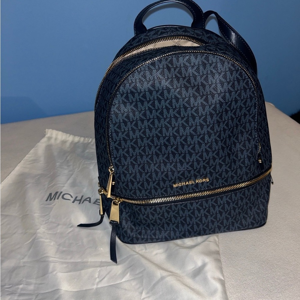 Michael Kors Blue Backpack with Gold Zippers Rhea MK Zip purse